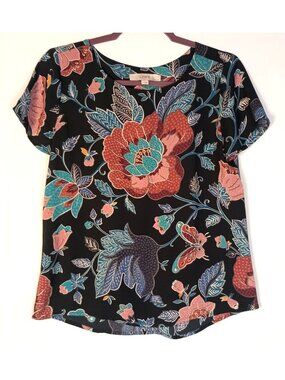 Ann Taylor LOFT Petite Blue Floral Blouse S Pleated Back Lightweight Top